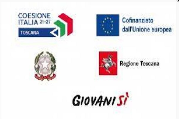 Loghi di Regione Toscana, Unione europea, Ministero, Giovanisì, Coesione Italia 21/27 